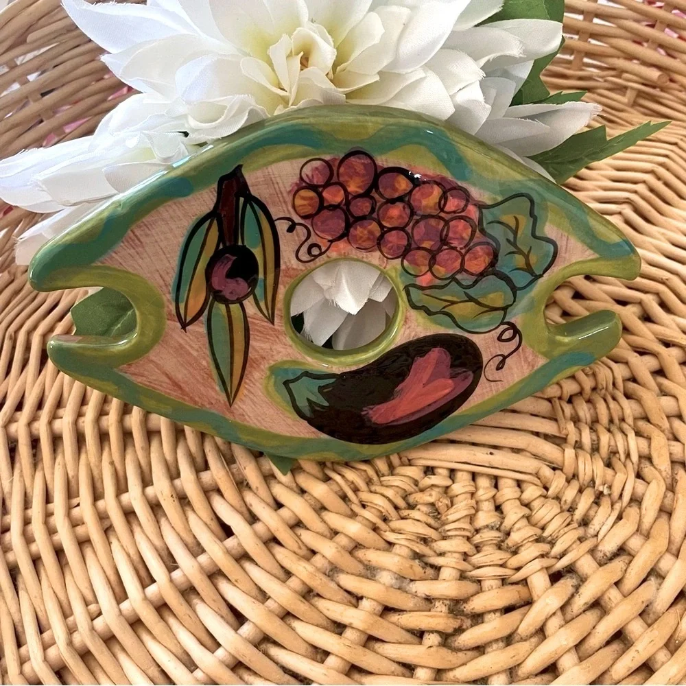 Handcrafted hand painted Wine Bottle and Glasses Holder grapes & veggies design
